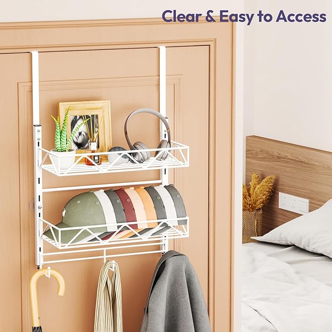 SWTYMIKI Over Door Hat Organizer - 3 Tier Wall Mounted Hat Rack with 2 Adjustable Metal Basket and 3 Hooks, Hanging Baseball 