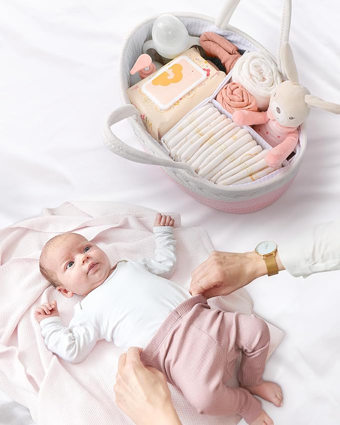 Maliton Diaper Caddy for Baby Girl-Cotton Rope Diaper Caddy, Diaper Organizer for Changing Table, Portable Baby Basket for St