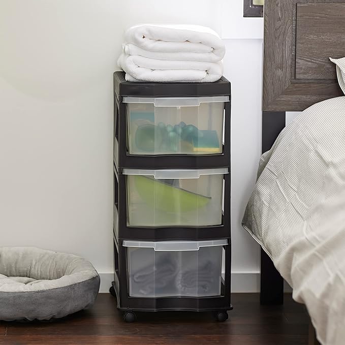 Life Story Classic 3 Tier Shelf Standing Plastic Storage Drawers and Organizer with Wheels for Home, Dorm, or Office Use, Bla