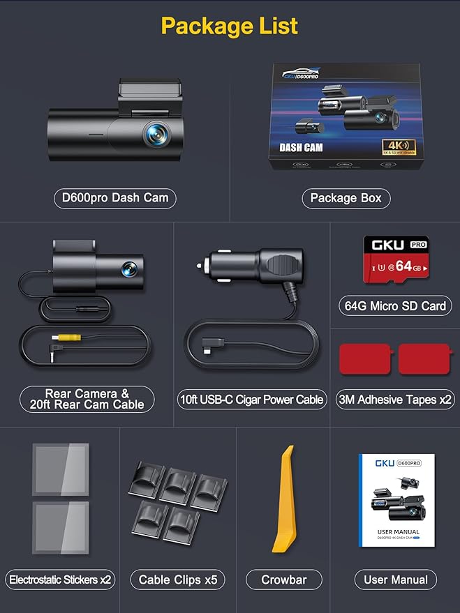 GKU Dash Cam Front and Rear Camera,4K+1080P, 5.8GHz WiFi & GPS Dash Camera for Cars,with 64G SD Card,1.47" Display Dashcam, 2