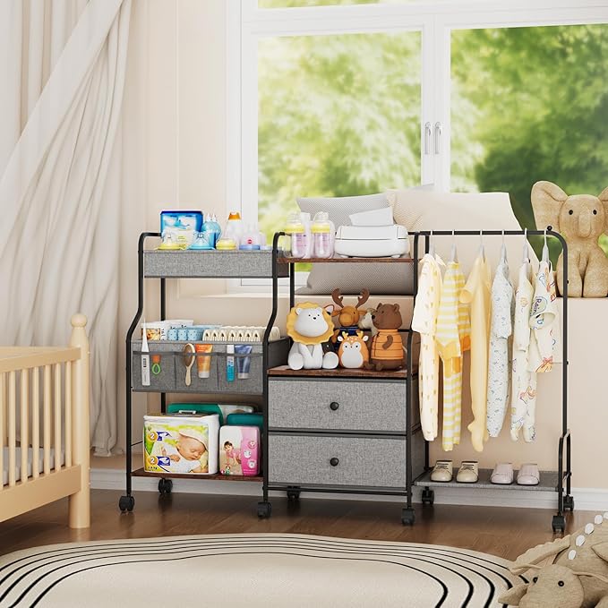 BBLIKE Diaper Caddy Organizer with Hanging Rack - 3 Tier Rolling Utility Cart with Drawers and Dividers for Baby Bottle Stora