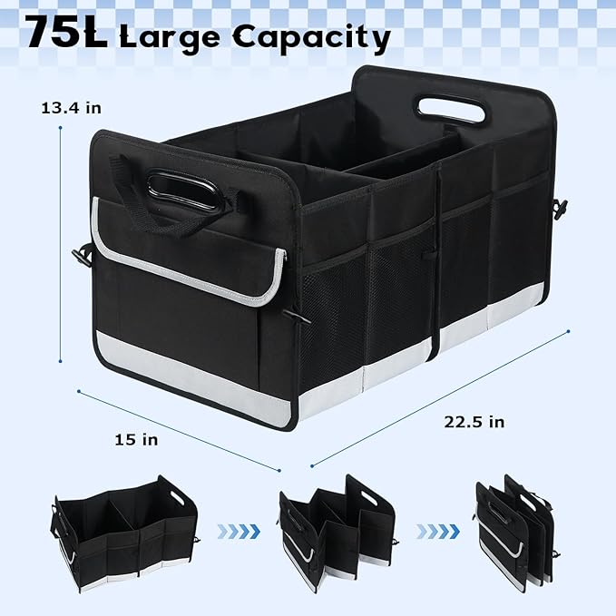 Car Trunk Organizer, 72L Large Capacity Waterproof Auto Storage with Non-Slip Bottom Strips, Collapsible Cargo Organizer for Suv