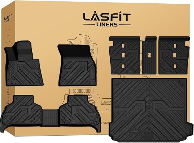 LASFIT Floor Mats&Cargo Mat&Backrest Mats for BMW X5 2019-2025 2026 PHEV(xDrive 50e), Not for Gas, All Weather TPE Custom Fit 1st&2nd Row Full Set Car Mats & Trunk Liner(Only Fit 5 Seats), Black