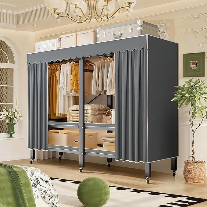 YTLEMON Heavy Duty Wardrobe Closet with Cover, Metal Rolling Clothes Rack, Foldable Portable Closet Organizer System Freestan