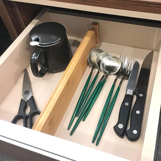 VaeFae Adjustable Bamboo Drawer Dividers and Bamboo Knife Drawer Organizer Bundle