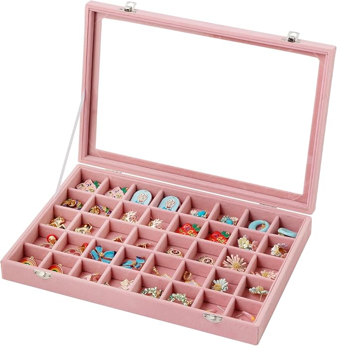 Frebeauty 40 Grid Jewelry Tray,Adjustable Earring Holder Organizer with Glass Lid,Velvet Drawer Jewelry Organizer for Rings,S