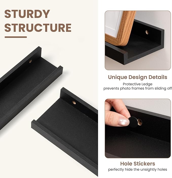 Fun Memories Picture Ledge Shelf, Black Floating Shelves Set of 4, 24 Inch Picture Shelves for Wall with Ledge, Large Nursery