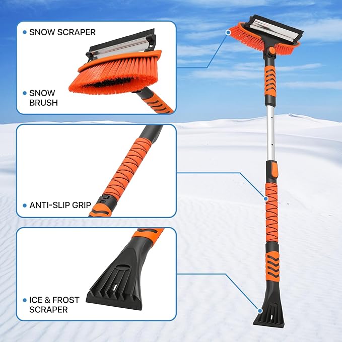 MoNiBloom Extendable Ice Scraper and Brush with Squeegee for Car 4 in 1 Emergency Snow Shovel, Ergonomic Foam Grip and 180° Pivoting Brush Head Car Snow Kit for Cars, Trucks, SUVs, Vehicle