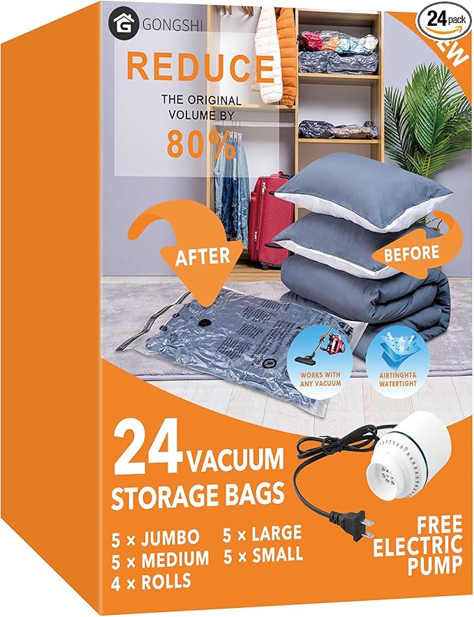 GONGSHI Vacuum Storage Bags, Space Saver Seal Bags For Clothing, Blankets, Comforters, Pillows, Clothes Storage,Travel Luggag