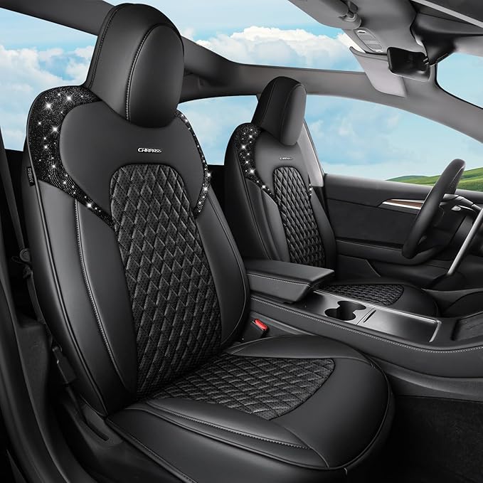 CAR PASS Car Seat Covers for Tesla Model 3 Nappa Leather Bling Diamond Car Seat Protector Full Coverage Airbag Compatible Cus