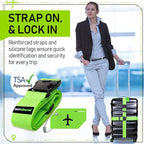 Untethered Ultimate Travel Set: 4 Premium Luggage Straps and 4 Silicone Tags - Secure & Identify Your Bags with Ease (Green +