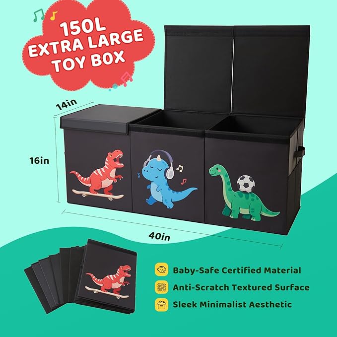 Extra Large Toy Box,150L Sturdy Dinosaur Collapsible Storage with Lid,40"x14"x16" Kids Storage Organizer,Chest Bin Baskets fo