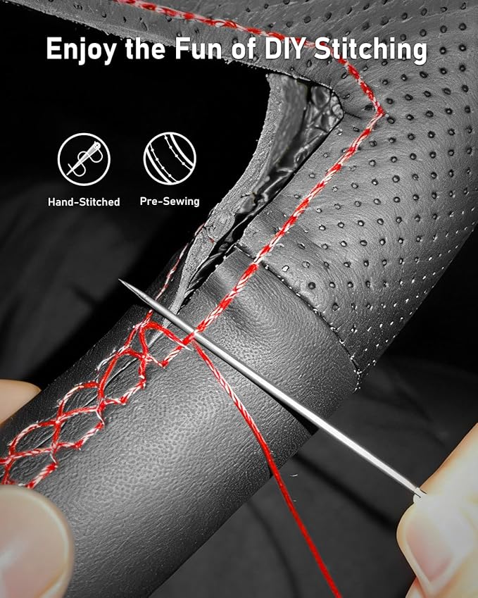 Belinous Leather Steering Wheel Cover Lace Up, Hand-Stitch on Wrap, Steering Wrap Compatible with Ford F-150 F250 King Ranch/Lariat/XL/XLT/Limited/Platinum/Police Responder 2015-2020 (Red)