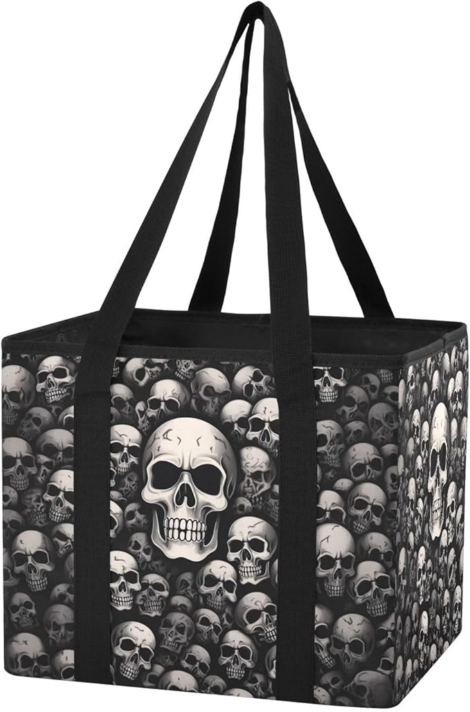 Skull Black Reusable Grocery Bags Large Shopping Tote Bag with Reinforced Bottom Board, Water Resistant Foldable Storage Bags