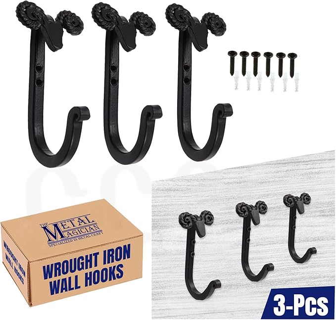 The Metal Magician Sheep Headed Iron Hooks Wall Mount Black Hanger Set of 3 Heavy Duty Towel Holder for Hanging Hats, Coat, K