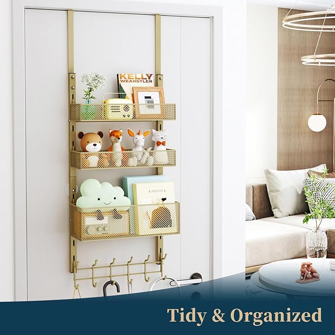 Consumest Over The Door Hooks Organizer - 4 Tier Door Coat Rack with 3 Baskets and 12 Hooks, Stainless Steel Towel Hanger for