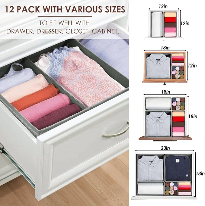 12 Pack Drawer Organizers for Clothing, Foldable Clothes Storage Box Closet Dresser Drawer Organizers Dividers, Bedroom Organ