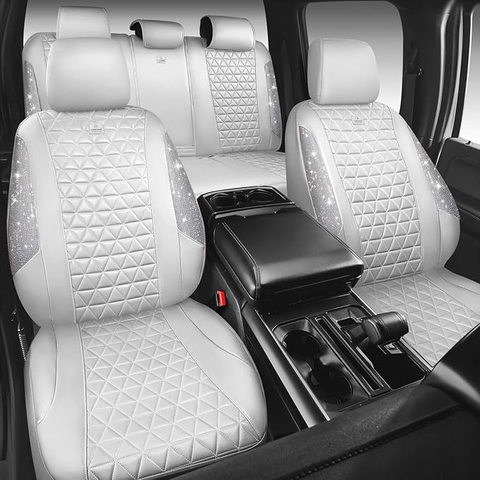 CAR PASS All White Bling Diamond Leather Car Seat Covers Full Sets,Waterproof Shining Glitter Sparkly Crystal Universal Fit f