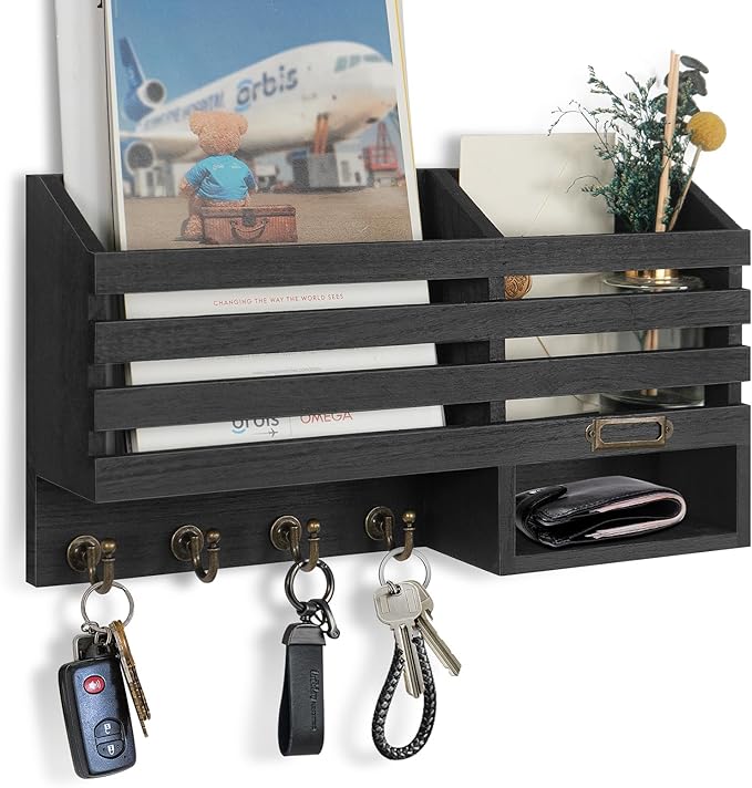 FifthQuarter Key Holder for Wall: Easy Mounted Key Rack and Mail Organizer with Store Shelf and Four Sturdy Keys Hooks Decor 
