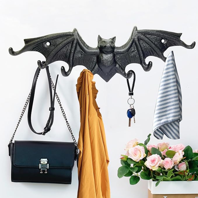 Bat Key Hooks Gothic Bat Key Rack Wall Mount Casting Iron Rustic Decorative Hooks for Keys Bag Purse Towel Umbrella Dog Leash