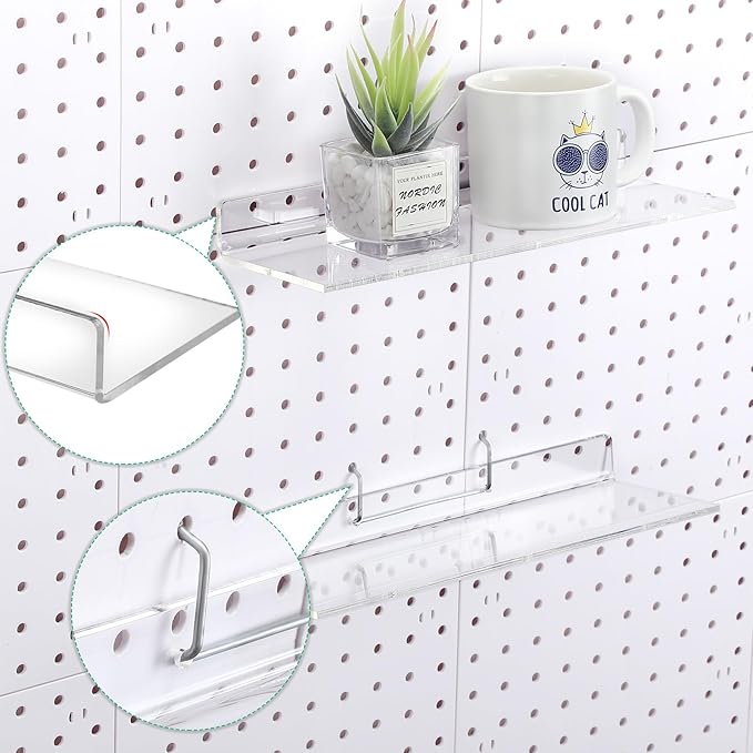 Lounsweer 4 Set Pegboard Shelf Clear Acrylic with Metal Hooks Organizer Accessories Storage for Pegboard Display Wall Craft R