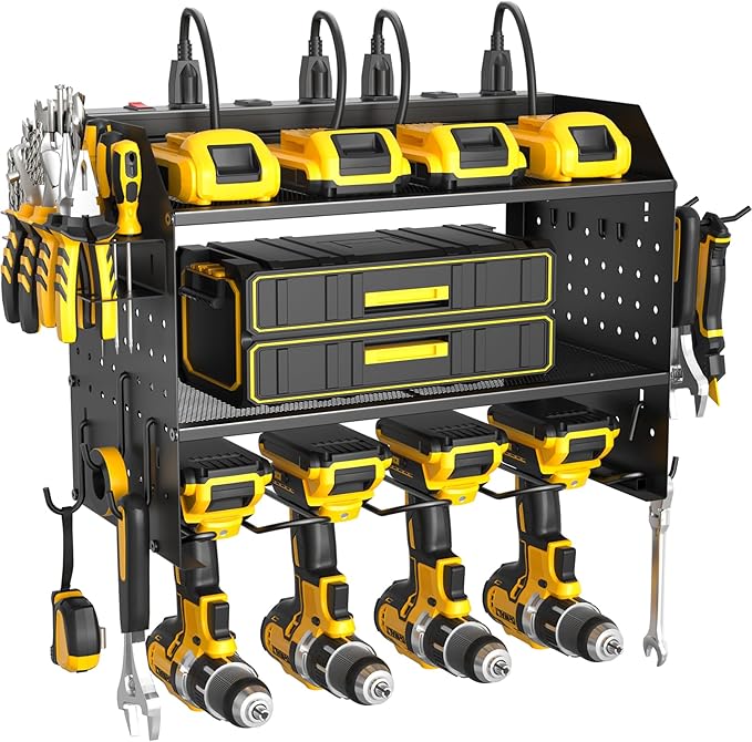 ZESEN Power Tool Organizer Wall Mount, 3 Layer Charging Station with 6 Outlets, 4 Drill Holders and Drill Bit Rack, Tool Hold
