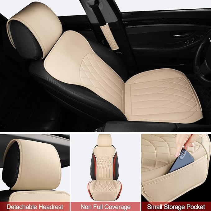 2 Pack Leather Front Car Seat Covers, Universal Sideless Car Seat Protectors with Storage Pocket and Seat Belt Pads, Waterpro