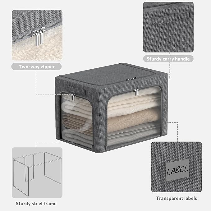 3Pack Stackable Foldable Storage Bin - Metal Frame Storage Box Clothing Storage Organizer with Clear Window, Carry Handles (6