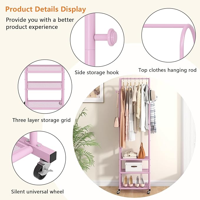 Kaitiemoo Heavy Duty Clothing Rack with Wheels,Modern Garment Rack with 3 Metal Shelves, 71.8Inches Display Rack for Hanging 