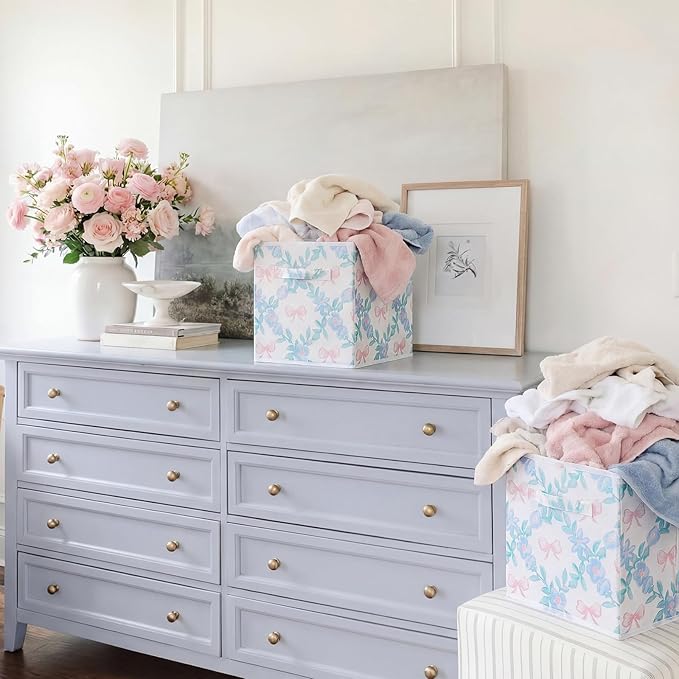Geelin 6 Pcs Blue Floral Bow Cube Storage Bins 11 Inch Blue Flower Storage Basket with Handle, Preppy Girls Organizer Basket,