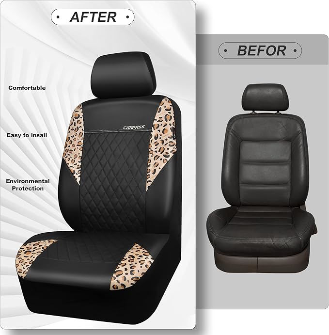 CAR PASS Leopard Print Faux Leather Car Seat Covers & Leopard Car Mats&Leopard Steering Wheel Cover Seat Belt Pad Universal C