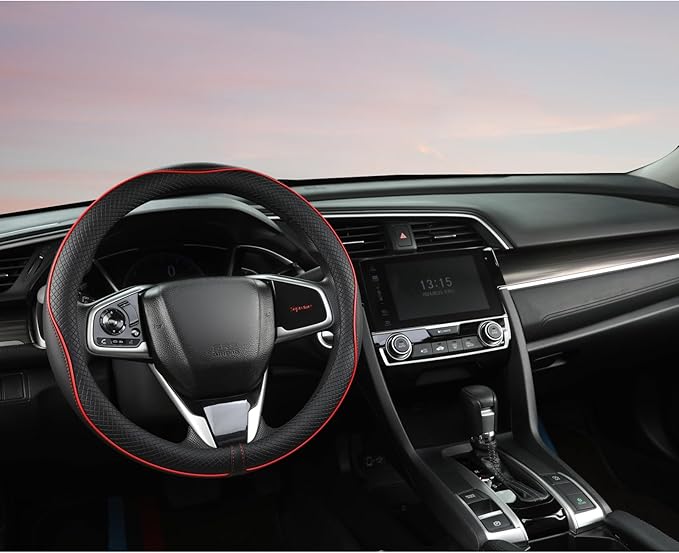 West Llama Microfiber Leather Car Steering Wheel Cover for Honda Civic, CR-Z, Insight, S2000,14-14.25 inch (Black+Red Line-Sm