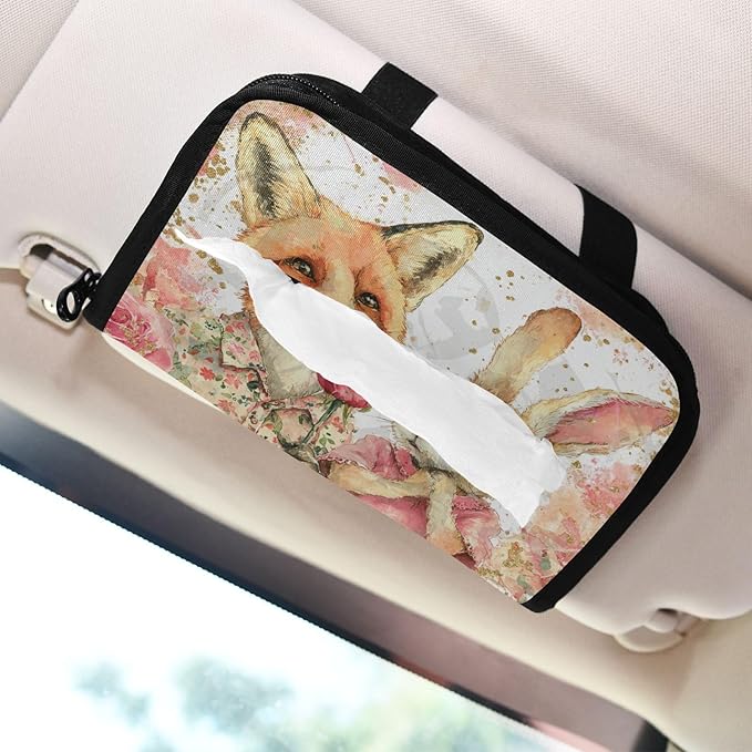 Car Tissue Holder Car Visor Organizer Tissue Box Holder for Car Sun Visor Organizer with Car Vehicle Accessories Essentials Interior for Women Men Fox Bunny Roses Pink