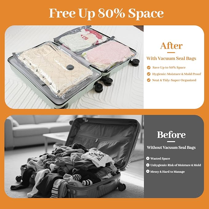 Travel Vacuum Seal Bags for Clothing with Portable Electric Pump, 9 Pack Space Saver Vacuum Storage Bag, Compression Packing 