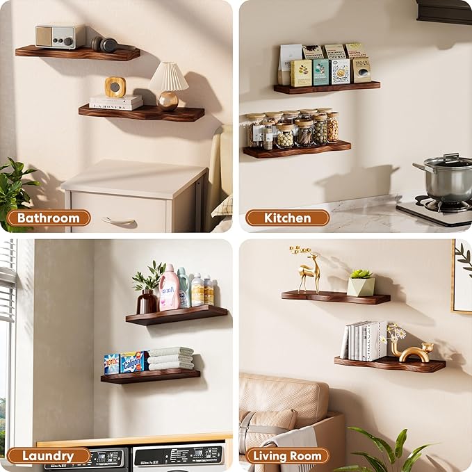 Floating Shelves for Wall, 24 inch Rustic Wooden Floating Shelves, Wall-Mounted Floating Bookshelf, Hanging Shelves with Uniq