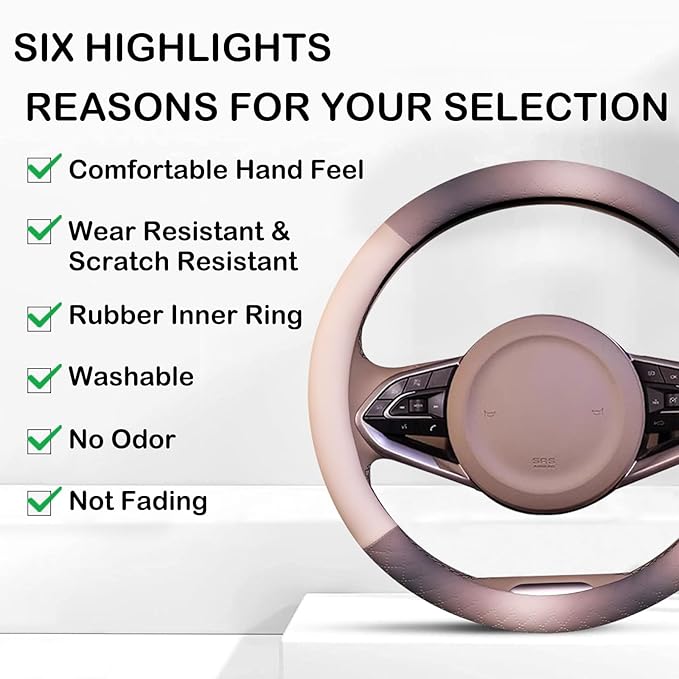 Steering Wheel Cover, Gray White Leather Steering Wheel Cover 14.5-15 Inch Non-Slip Breathable Microfiber Car Steering Wheel 