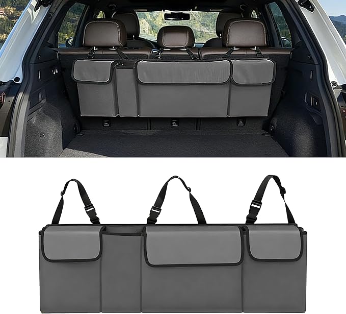 Car Trunk Organizer, Waterproof Backseat Hanging Large Storage with Adjustable Straps, Collapsible Cargo Bag with 4 Pockets,