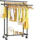 HYSEYY Double Rods Clothes Rack, Rolling Clothing Rack for Hanging Clothes Portable Wardrobe Rack, Metal Garment Rack Sturdy 