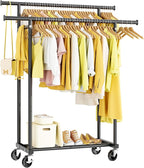 HYSEYY Double Rods Clothes Rack, Rolling Clothing Rack for Hanging Clothes Portable Wardrobe Rack, Metal Garment Rack Sturdy 