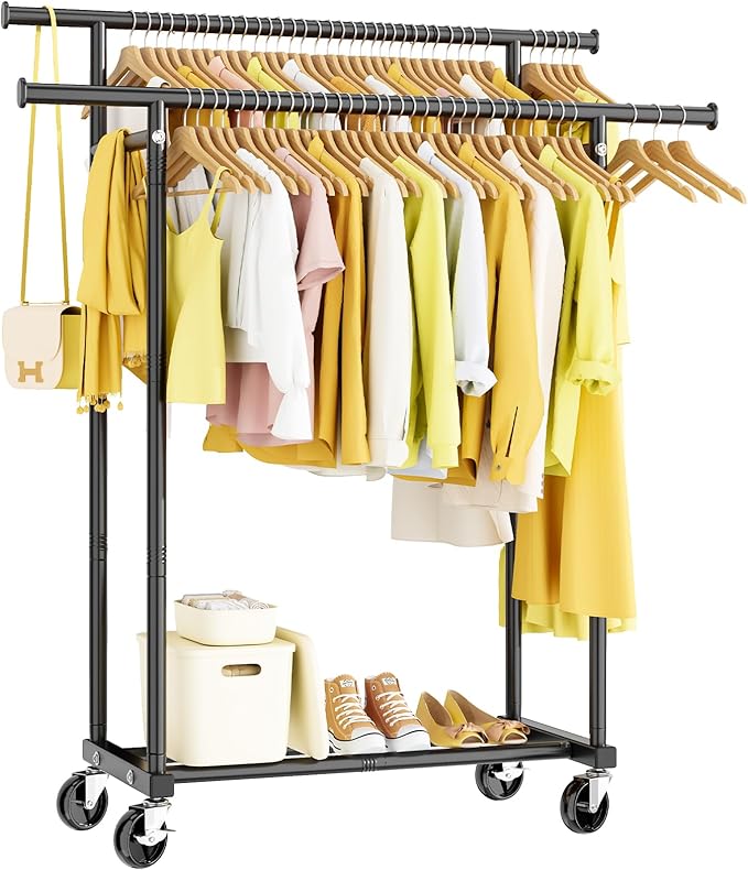 HYSEYY Double Rods Clothes Rack, Rolling Clothing Rack for Hanging Clothes Portable Wardrobe Rack, Metal Garment Rack Sturdy 