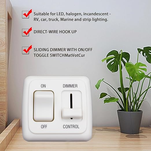 RV 12V DC Toggle Switch with High Side Dimmer Control for LED, Halogen, Incandescent - RV, Auto, Truck, Marine, and Strip Lighting (White)