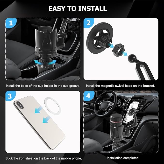 Frani Car Cup Holder Expander with Magnetic Phone Mount - Adjustable Insert Fits 2.68-4.33" Holders, 360° Gooseneck & Strong 
