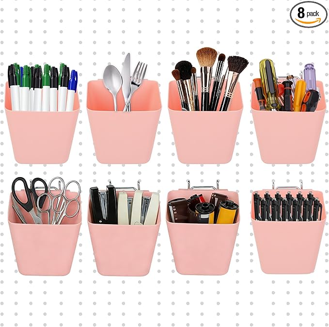 8 Pack Large Pegboard Bins with Hooks, Square Box Shape Peg Board Cups and Peg Board Accessories for Craft Room, Playroom, Of