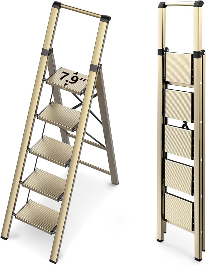 WOA WOA 5 Step Ladder for 10 Feet High Ceiling, Lightweight Foldable Ladder with Non-Slip Wide Pedals, Step Stool with Safe H