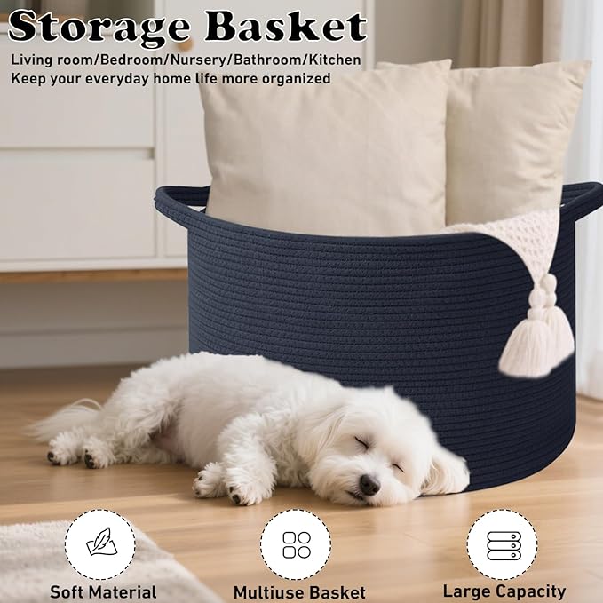 90L Large Blanket Basket,21.7"L x 21.7"W x 13.8"H Rope Woven Baskets with Handles, Toys Storage Bins,Laundry Basket Perfect f