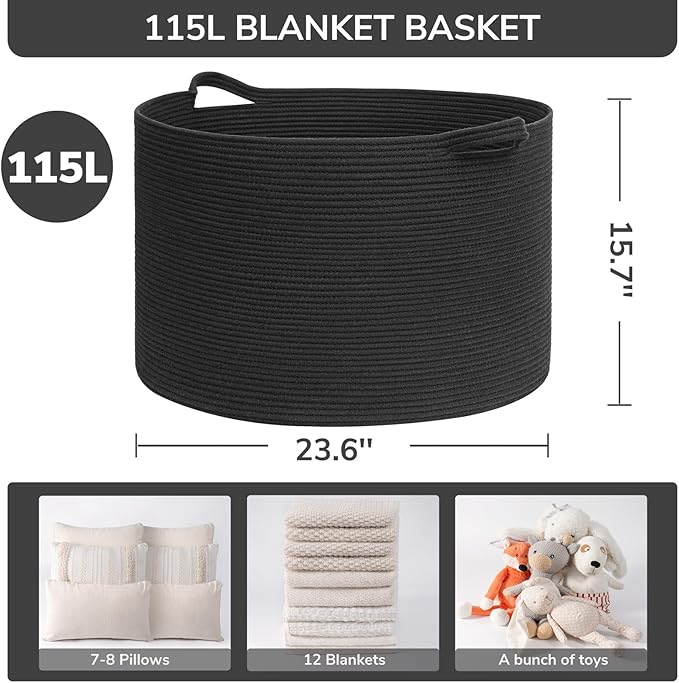 INDRESSME 115L Extra Large Cotton Rope Blanket Basket, Woven Storage for Living Room Toy Baskets Kids Baby Laundry Hamper for