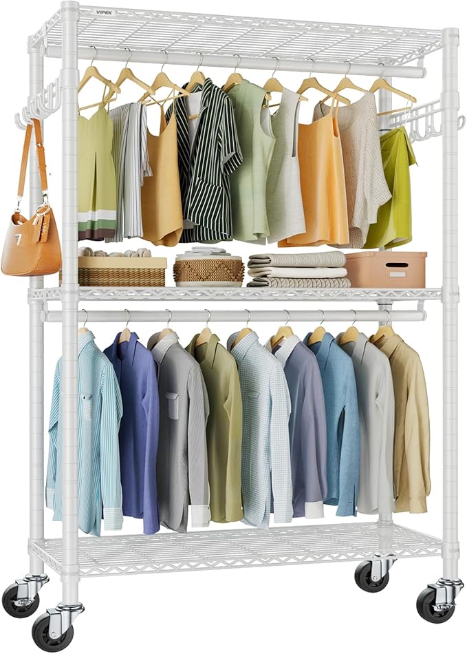 VIPEK R2 Plus Rolling Garment Rack 3 Tiers Adjustable Wire Shelving Clothes Racks with Wheels, Freestanding Wardrobe Storage 