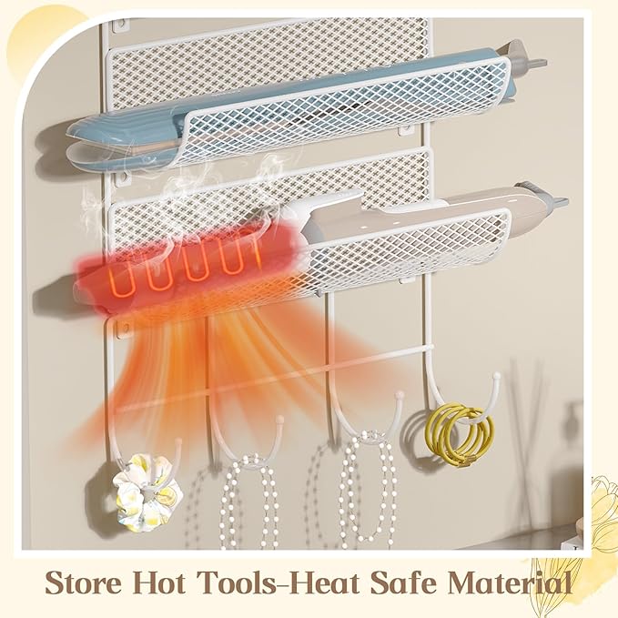 Wall-Mounted Hair Dryer Holder Styling Tool Organizer 4-Shelf Storage Wire Basket with Hook Heat Safe Rack for Hair-Straighte