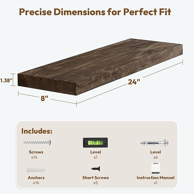 Vivelove Elm Floating Shelves for Wall Solid Wood, 24 Inches Long Rustic Wall Shelf With Invisible Bracket for Living Room Be