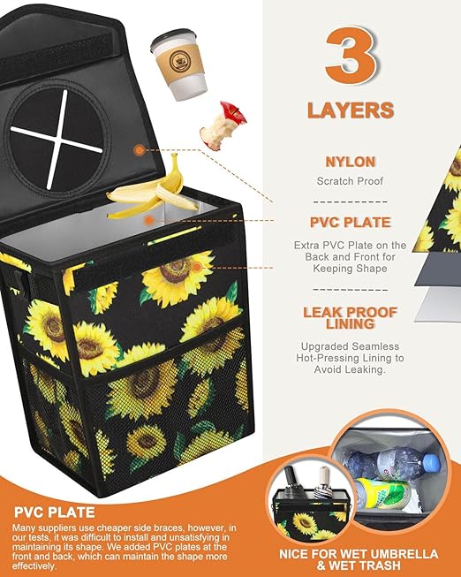 Car Trash Can with Lid, Cute Leakproof Car Trash Garbage Bag Hanging Vehicle Trash Bin Small Portable Automotive Garbage Cans Organizer for Back/Front Seat/Console(2.8 Gallons,Sunflower)